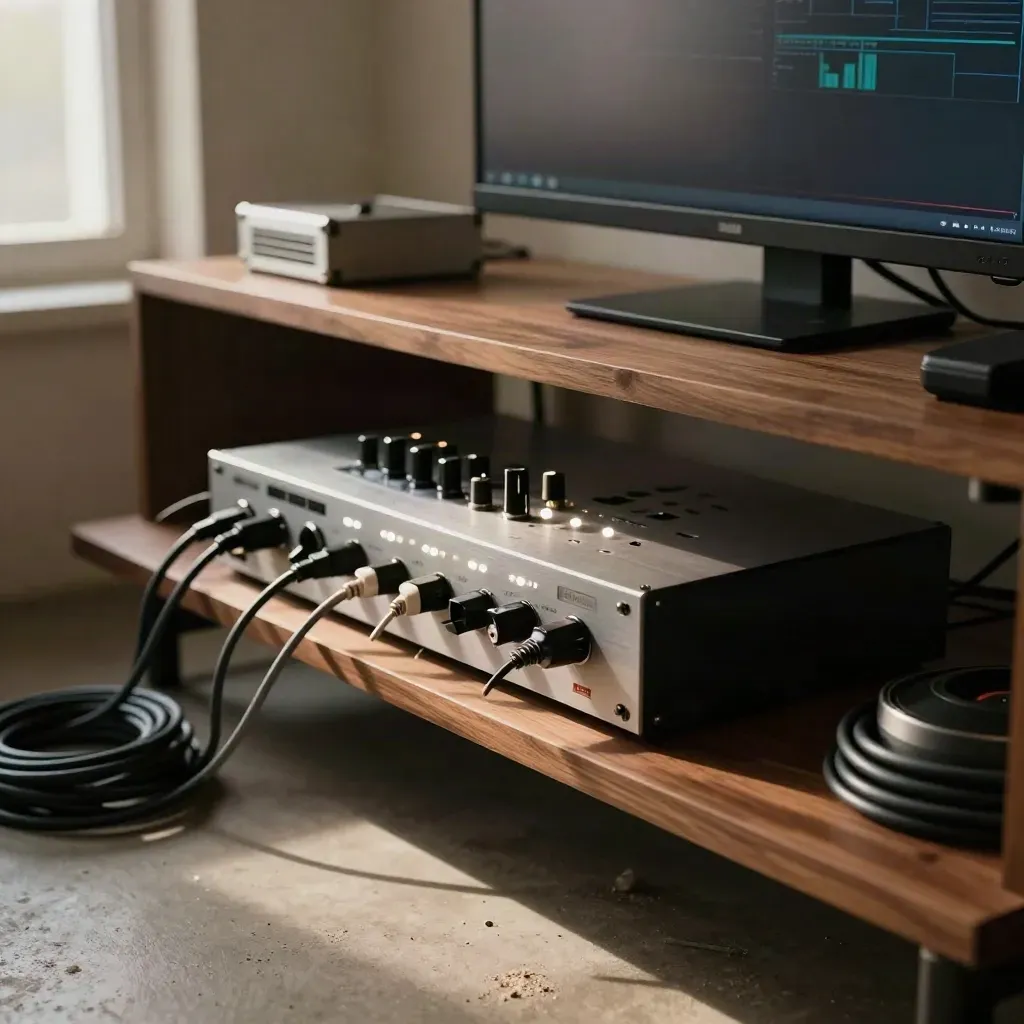 Livestream rack with glowing monitor, encoder box, cables, and pulsing LEDs in a warm studio corner.