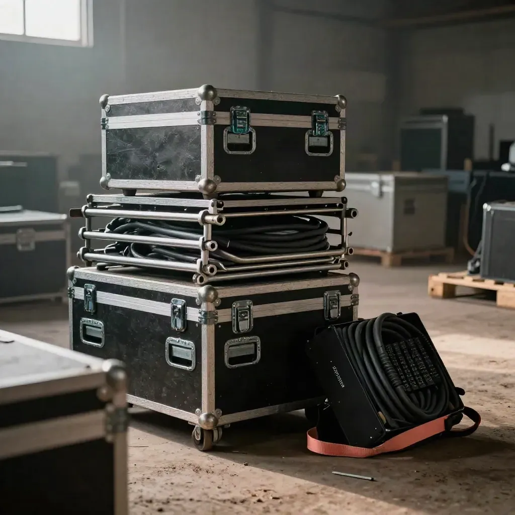 AV load-in gear stacked in a dusty warehouse, lit from above, ready for venue transport