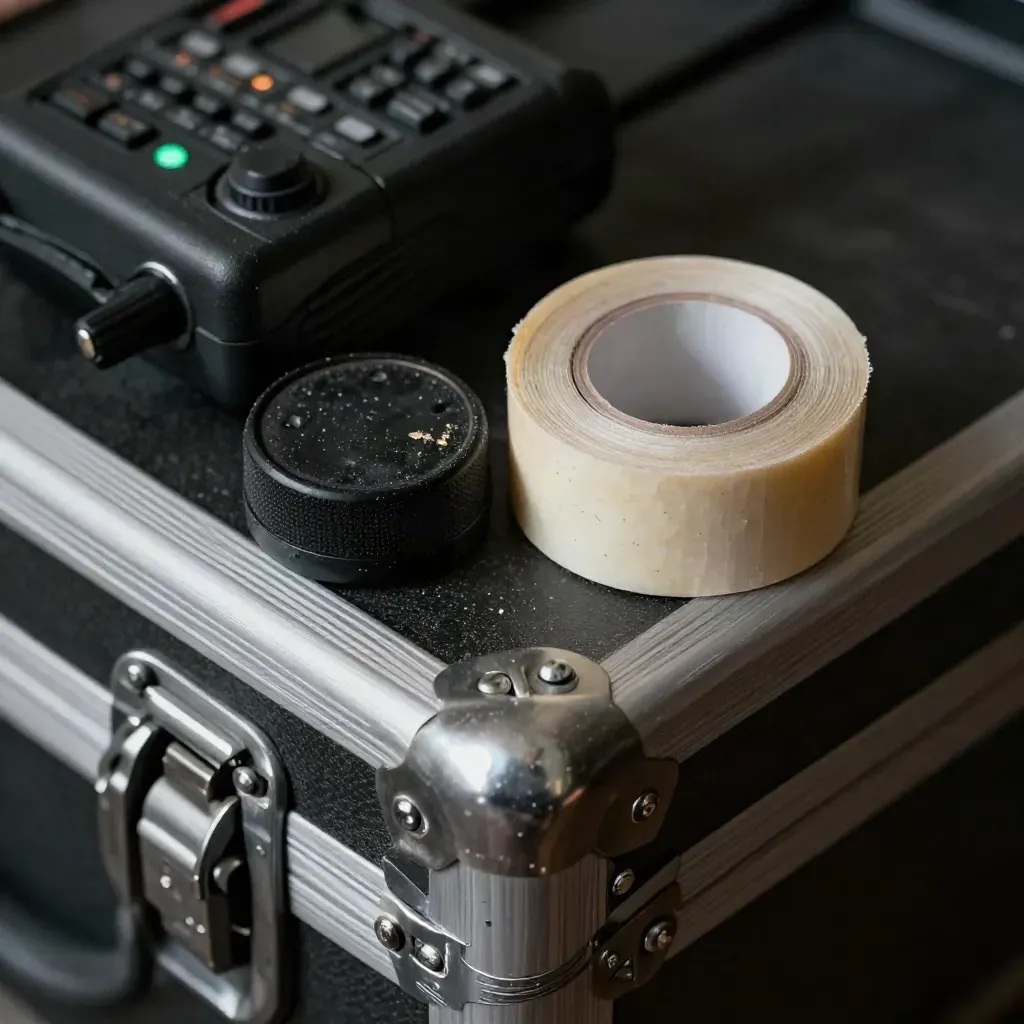 Macro of a comms radio, cue-light puck, gaffer tape and road-case latch on a scuffed flight case.