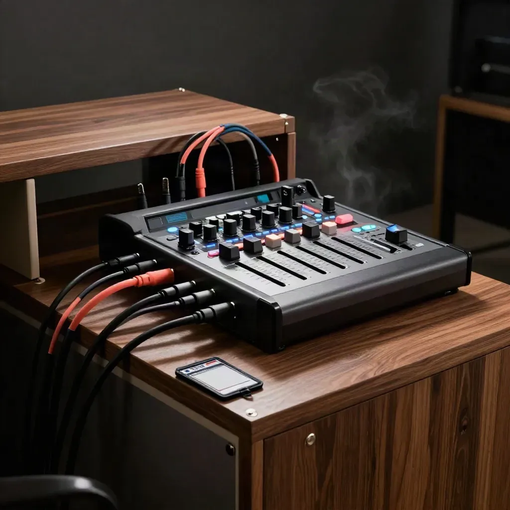 Streaming switcher, audio interface, cables and SD case on a walnut rack in moody studio light.