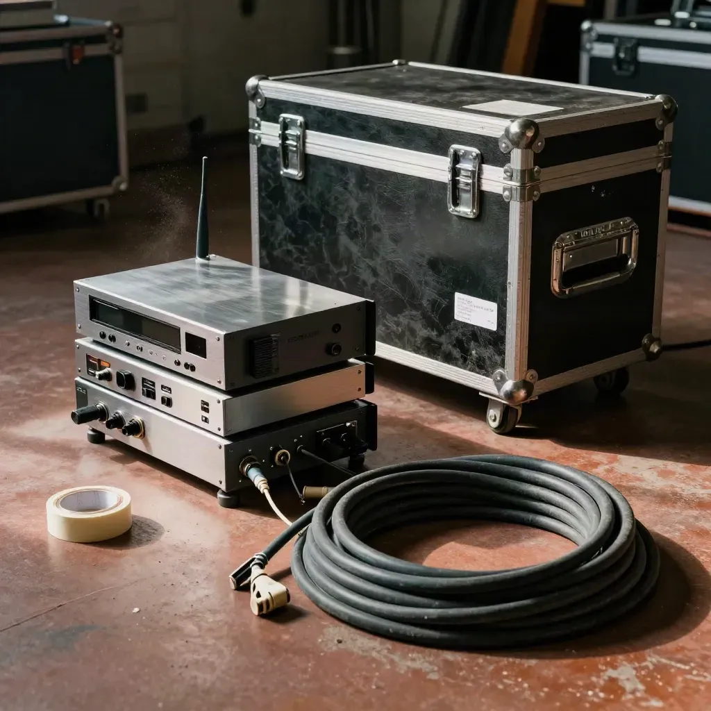 AV receiver stack, DI box and cable loom beside a flight-case corner in warehouse light