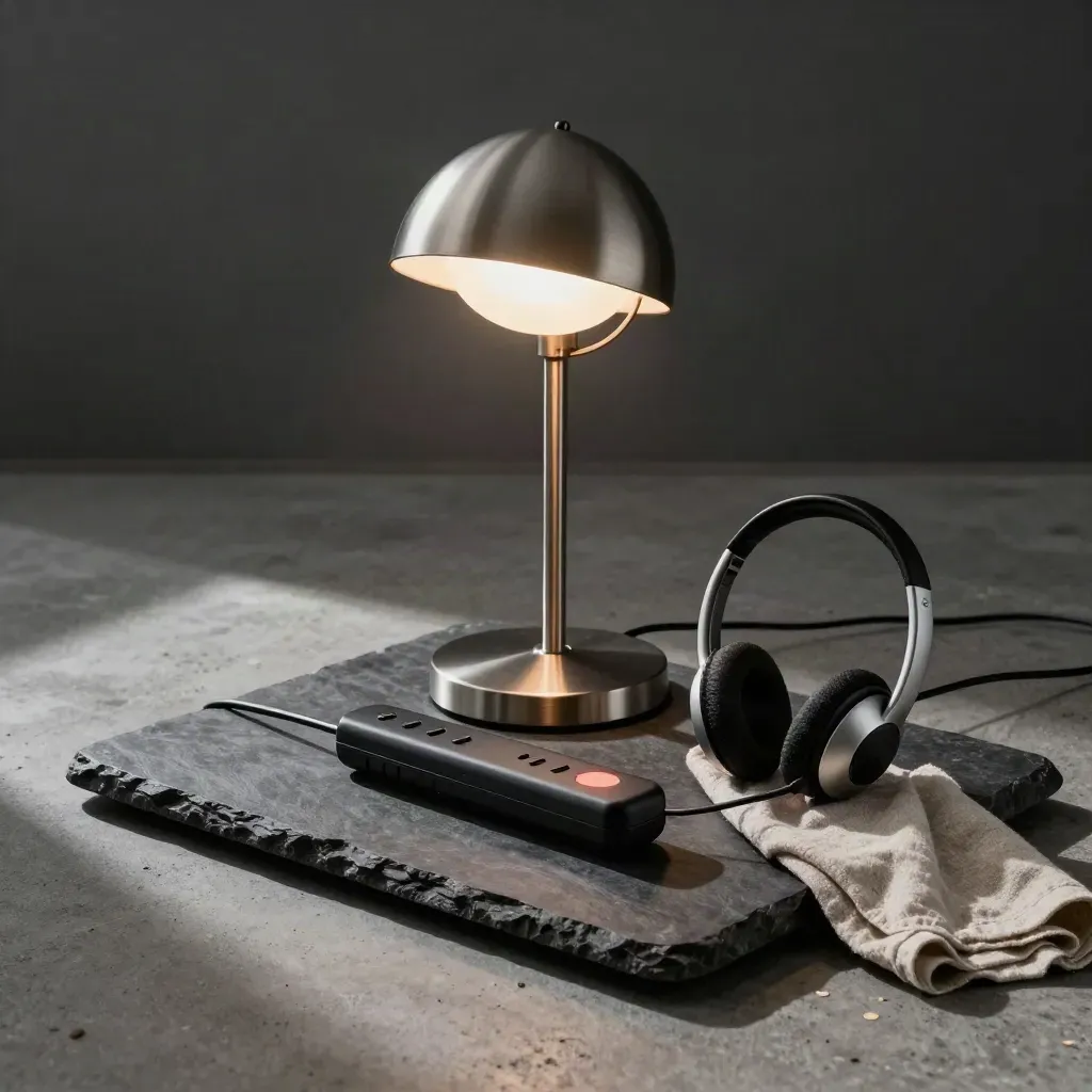 Glowing on-air lamp, mixer and headset cradle on a graphite tray with soft haze.