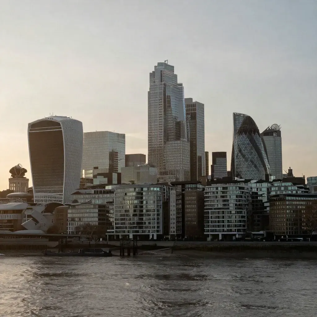 London skyline with Canary Wharf above the Thames in warm haze and open copy space
